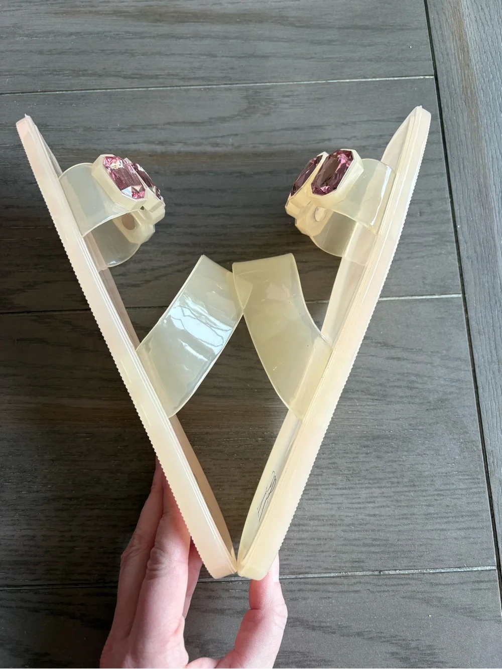 New York & Company Blush Clear Slides with Pink Gem Accents